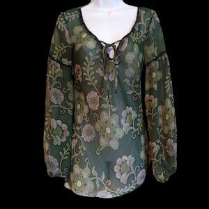 Ing Y2K Boho Sheer Floral Green Flowy Long Puff Sleeve Top M Hippie